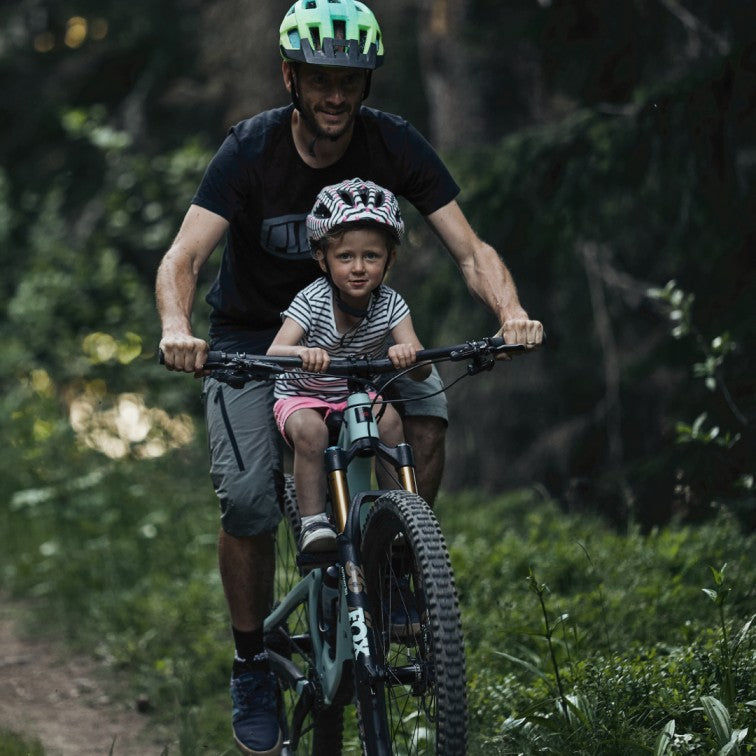 Shotgun Front Mounted Child Bike Seat Riding With Parent with Child Handlebars On Trail